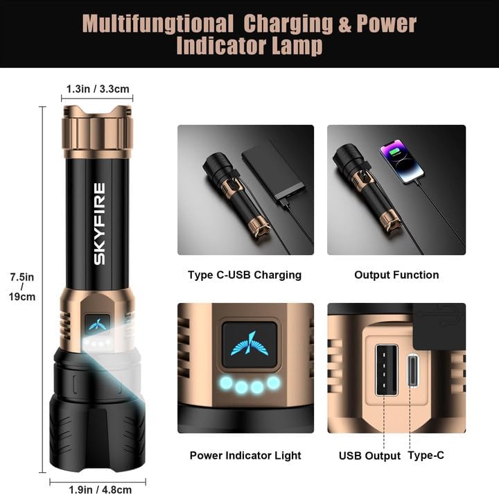 SkyFire مصابيح LED عالية اللمعان مع عدسة إشعال، 2000 لومن مصباح يدوي فائق السطوع قابل لإعادة الشحن، قابل للتكبير، أربعة أوضاع، مصباح تكتيكي مقاوم للماء لأساسيات التخييم، في الهواء الطلق والمنزل، هدية - Image 4